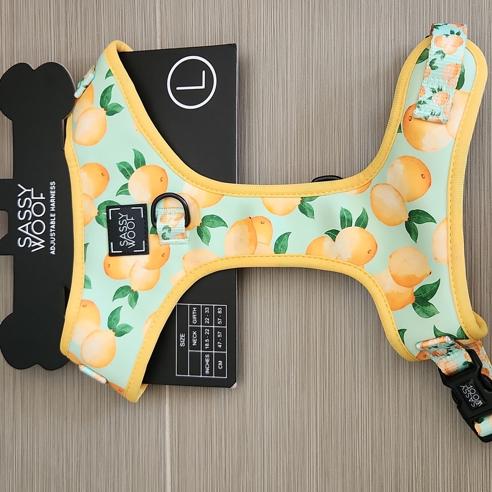 Sassy Woof Adjustable Dog Harness Lemon Print NWT Size L